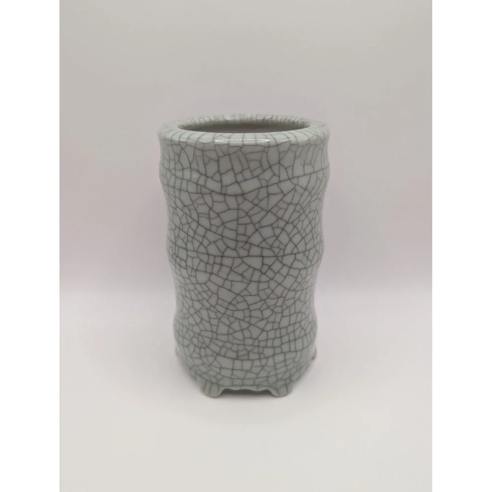 Celadon Green Crackle Glaze Ceramic Vase Planter Cachepot Footed 5.5